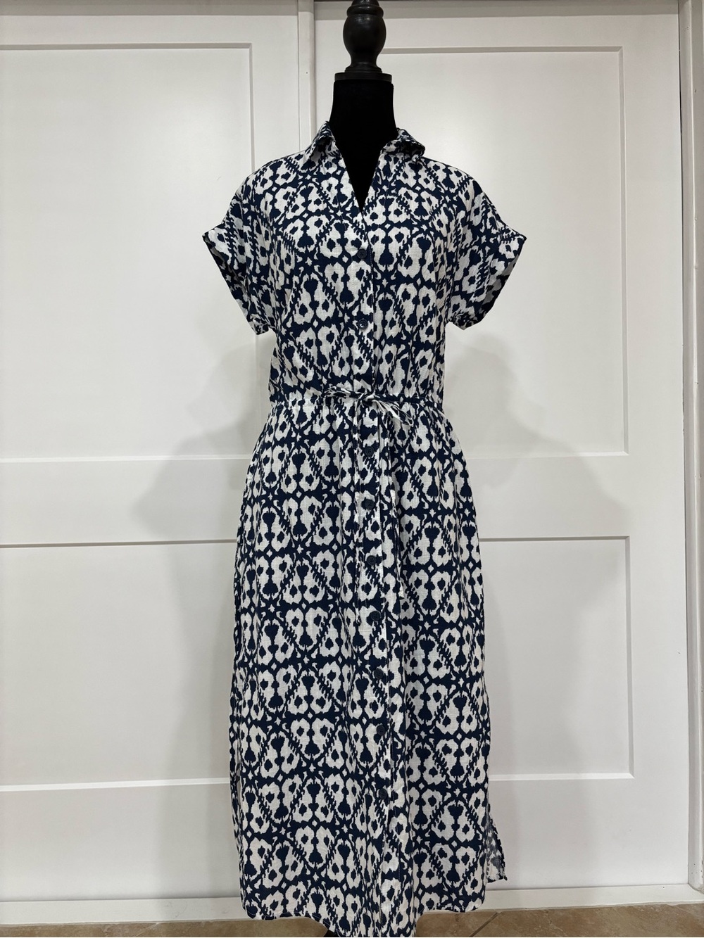 Badgley Mischka Navy and White Ikat Maxi Shirt Dress